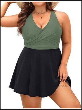 Plus Size Tankini Swimsuit Two Piece Tummy Control Swim Dress Cross Back